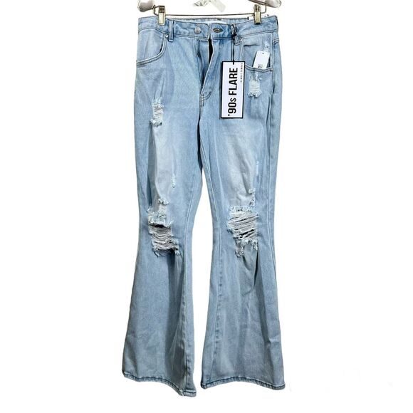 Almost Famous Distress Jeans 90's Flare Women's size 7 boho bell boots - Picture 1 of 16